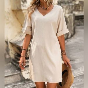 Solid Roll Up Sleeve Tunic Dress
